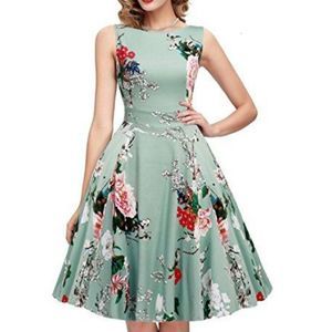 Owin Teal Green Floral Jackie O 60s Sleeveless Fit & Flare Pinup Midi Dress